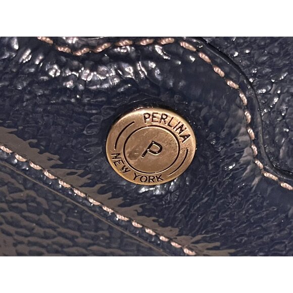 Perlina New York Navy Blue Faux Leather Shoulder Bag With Leopard Print Lining & - Picture 6 of 16